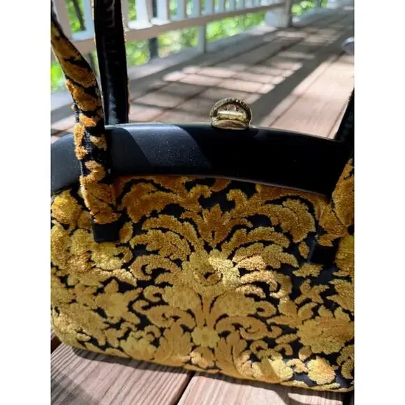 Vintage 1960's Gold Floral Tapestry Cut Chenille Handbag - Picture 5 of 9